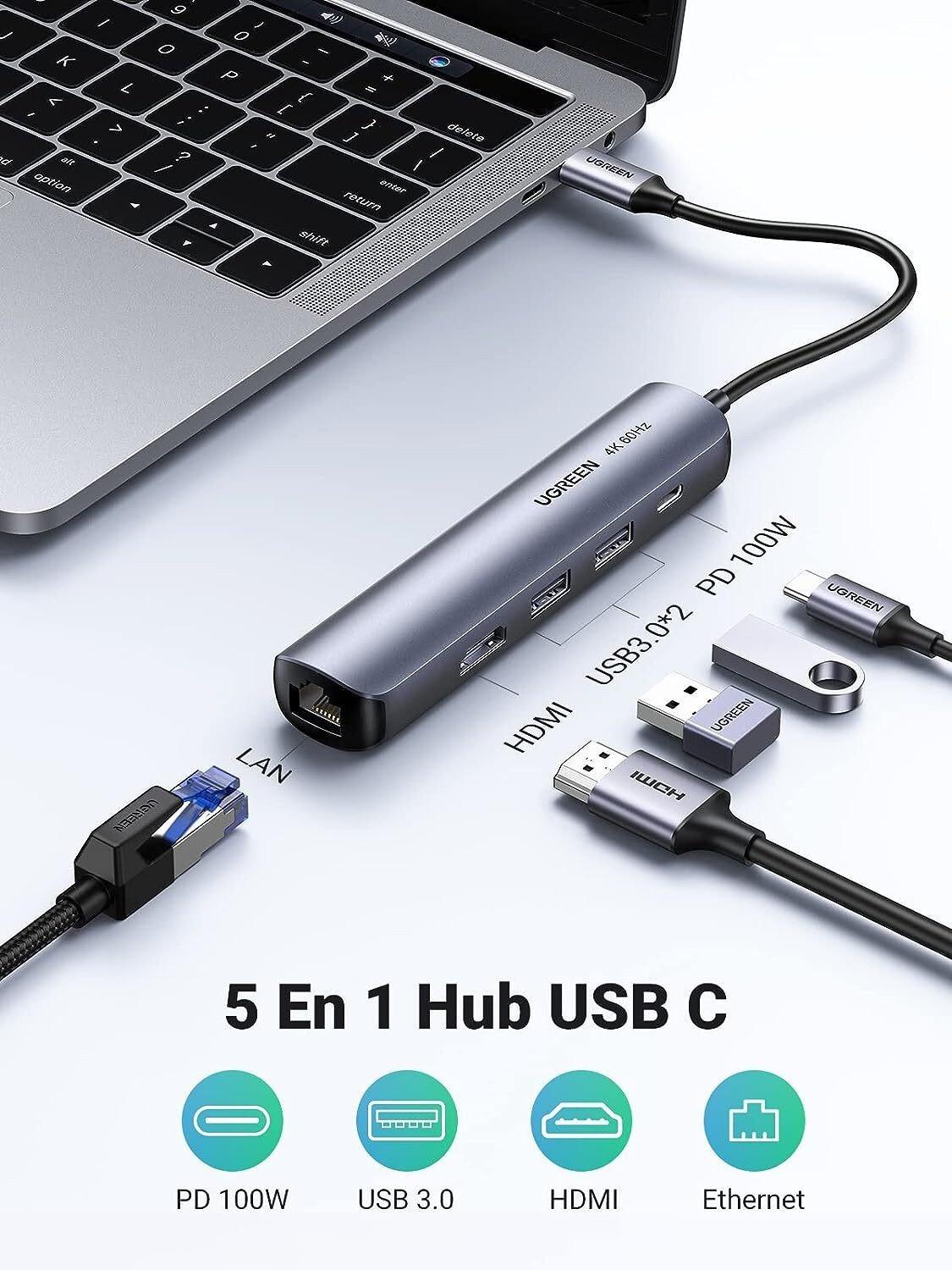Hub USB-C UGREEN 5 en 1 avec recharge PD 100W