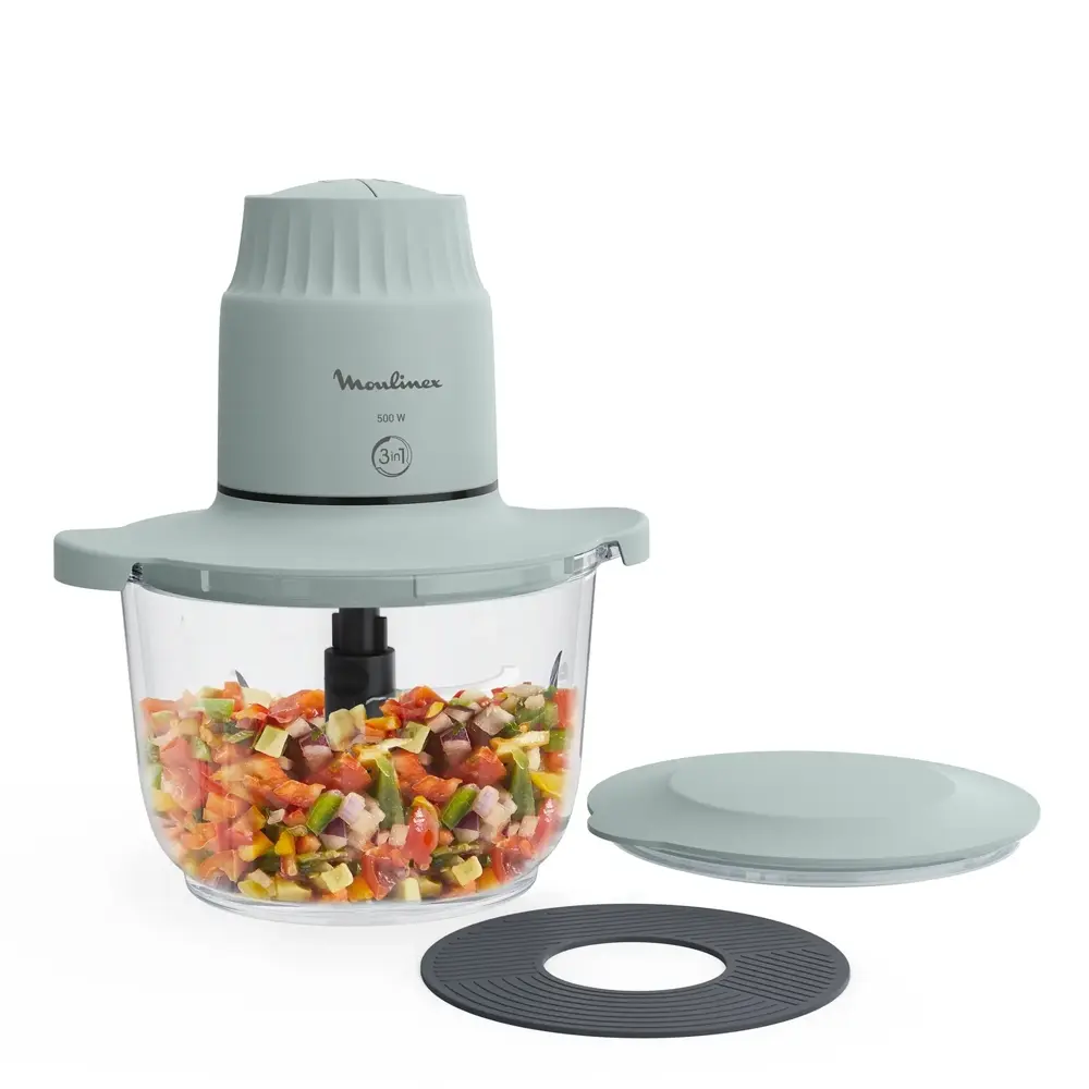 Hachoir Chopper 3 en 1 4 lames 500W avec bol en verre 2L
