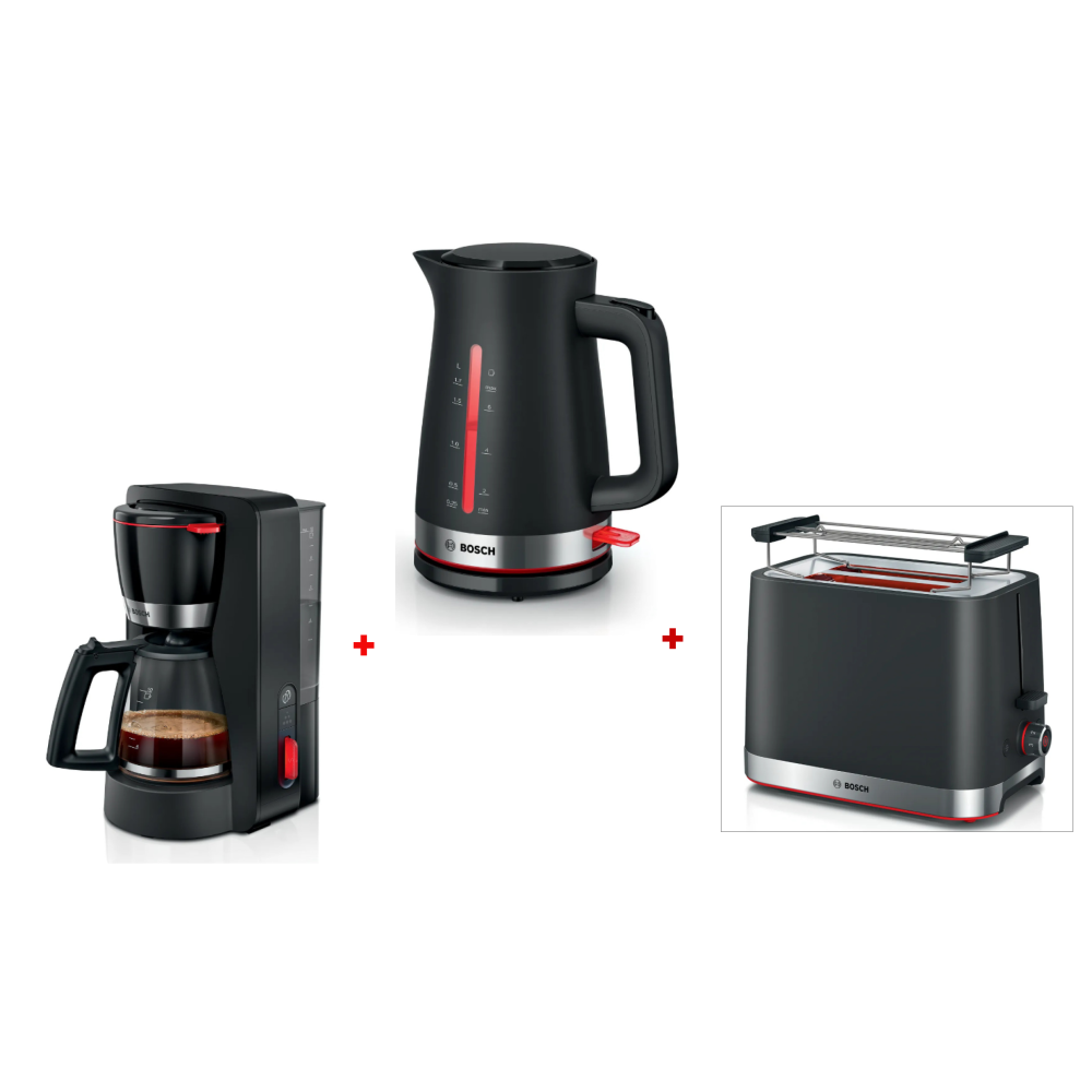 Pack Petit-Déjeuner Bosch MyMoment Noir - Bouilloire 1,7L + Toaster 2 fentes + Cafetière 1,4L