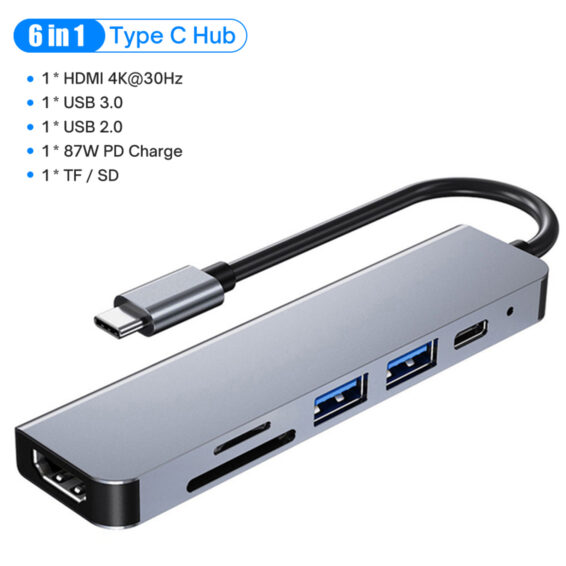 Adaptateur USB-C 6 en 1 avec HDMI 4K, ports USB et lecteur de cartes
