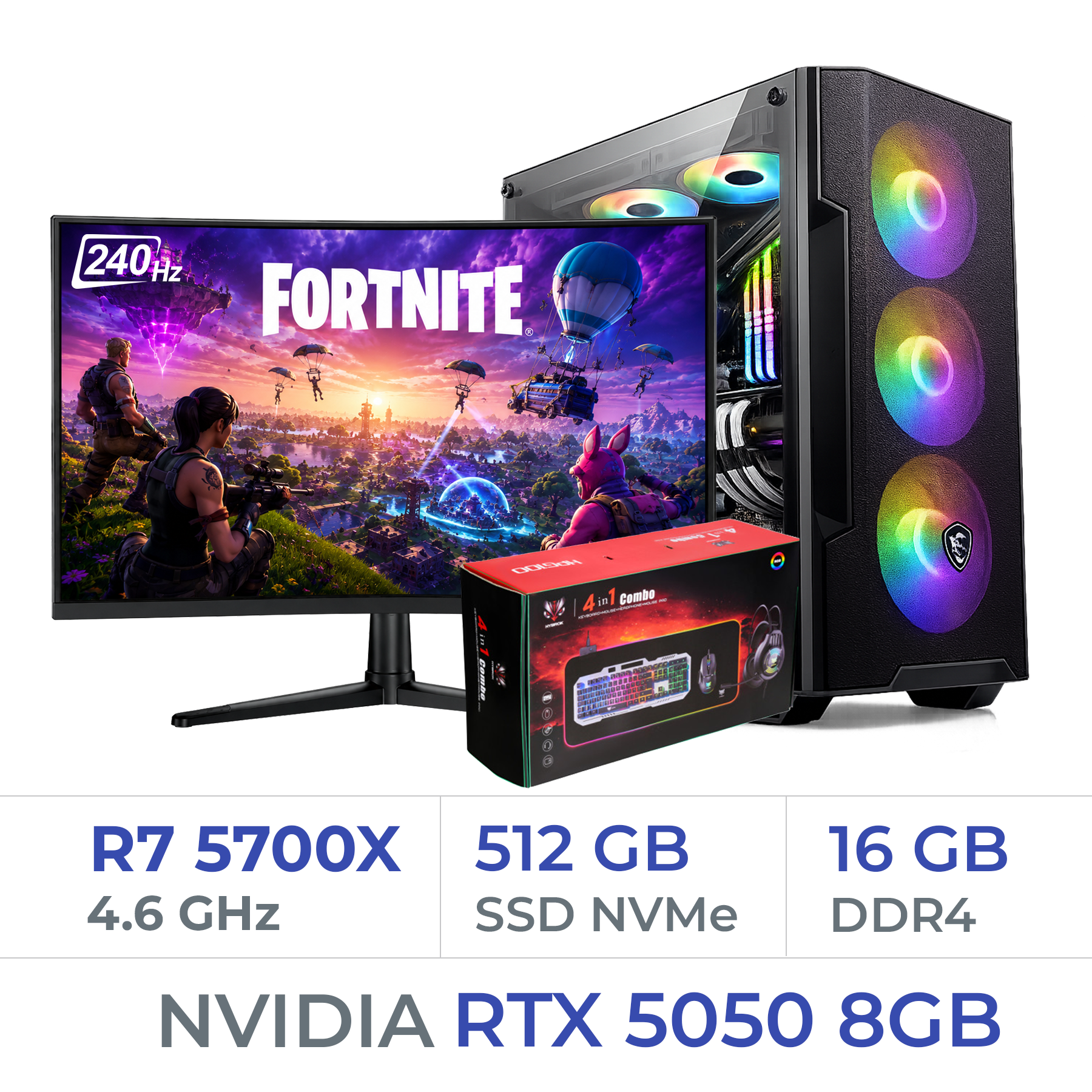 PC Gamer Ryzen 7 5700X RTX 5050 8G - 16GB RAM - 512GB SSD - Écran 24" 240Hz