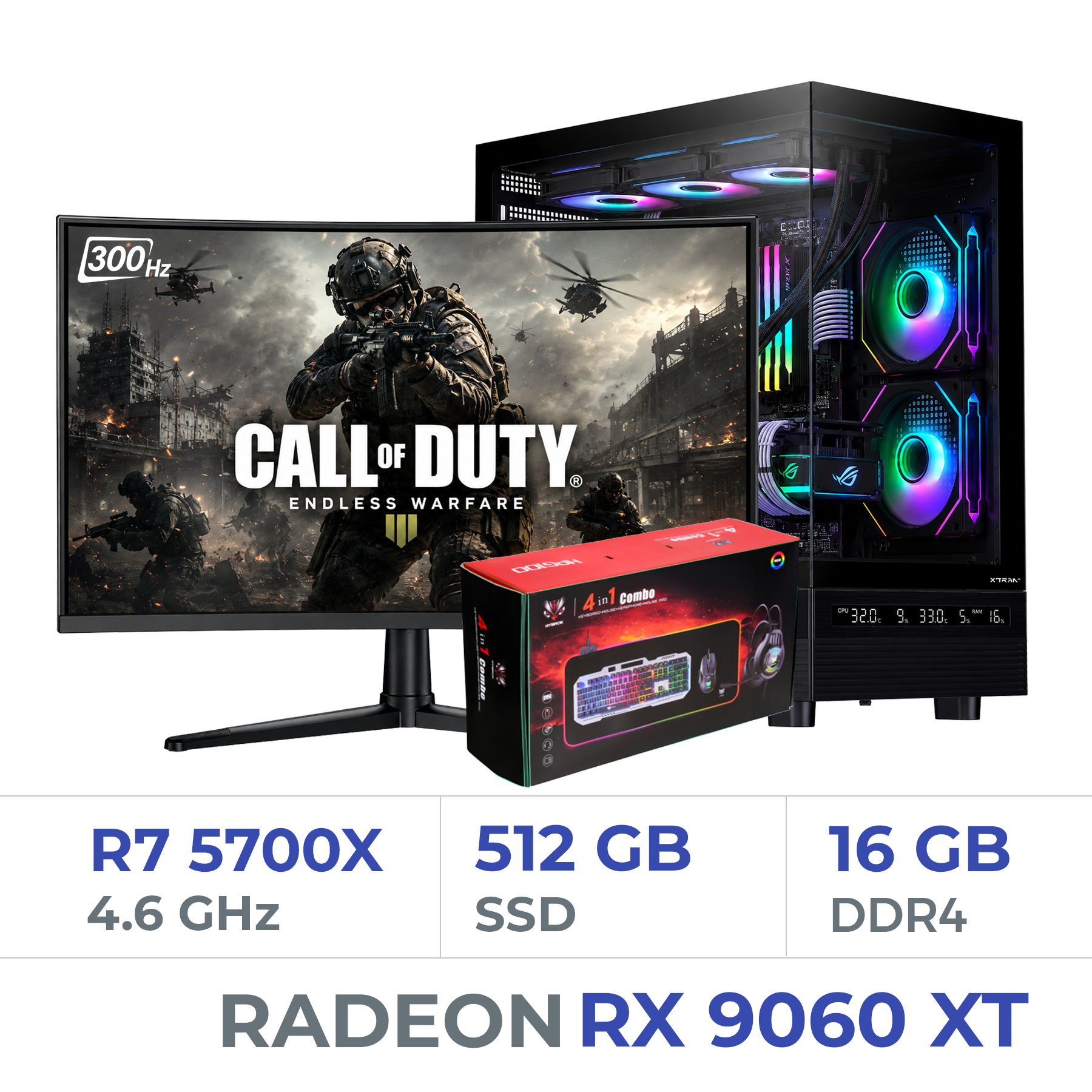 Setup PC Gamer AMD Ryzen 7 5700X | 16GB RAM | RX 9060 XT 16GB | 512GB SSD | Écran 24" 240Hz